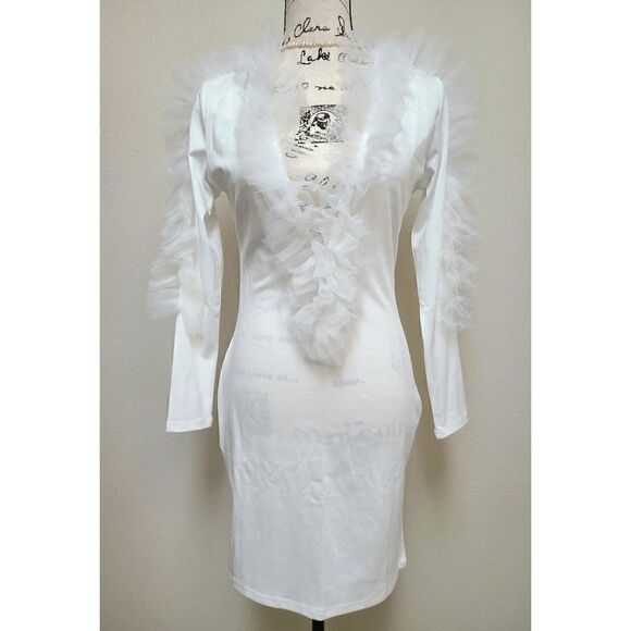 🤍 Deep V-Neck Cleavage Flounce Ruffle Bodycon Party Mini White Dress SIZE M NEW - Picture 11 of 15